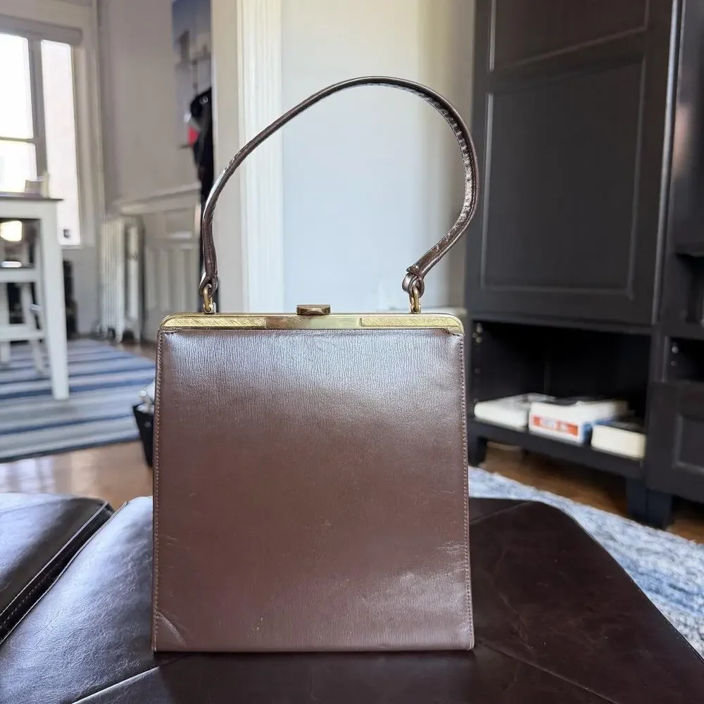 Vintage Block Top Handle Bag Womens Small Brown Leather Gold Frame Evening Purse